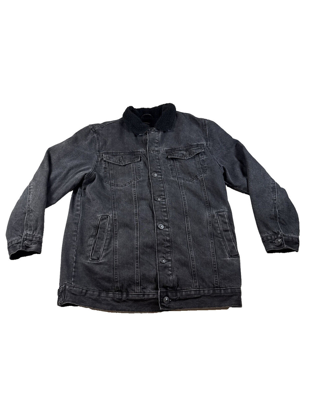 Bershka Men's Washed Black Denim Trucker Jacket Size Oversized Small Pre Owned